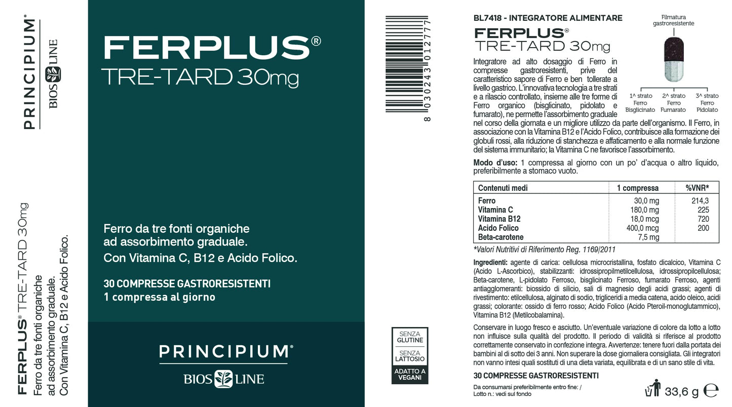BIOS LINE Principium FerPlus Tre-Tard, Integratore Alimentare in Compresse Gastroresistenti a Rilascio Graduale, Alto Dosaggio di Ferro, 30 Cpr