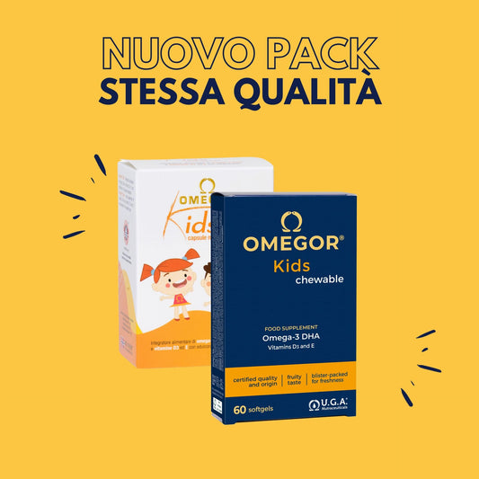 Omega 3 Bambini OMEGOR Kids 3+ Anni (60 Capsule Masticabili alla Frutta) - Ideale per Cervello, Vista, Ossa e Difese Immunitarie per Bambini con Vitamine D3 ed E - Ricco di EPA e DHA