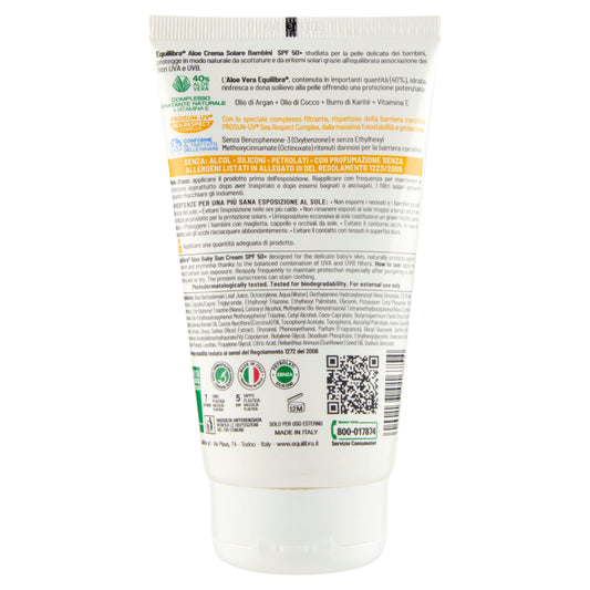 equilibra Solari, Aloe Crema Solare Bambini SPF 50+, Crema Solare Pelli Delicate a Base di Aloe Vera, Olio di Argan, Olio di Cocco, Burro di Karité e Vitamina E, Water Resistant, 150 ml