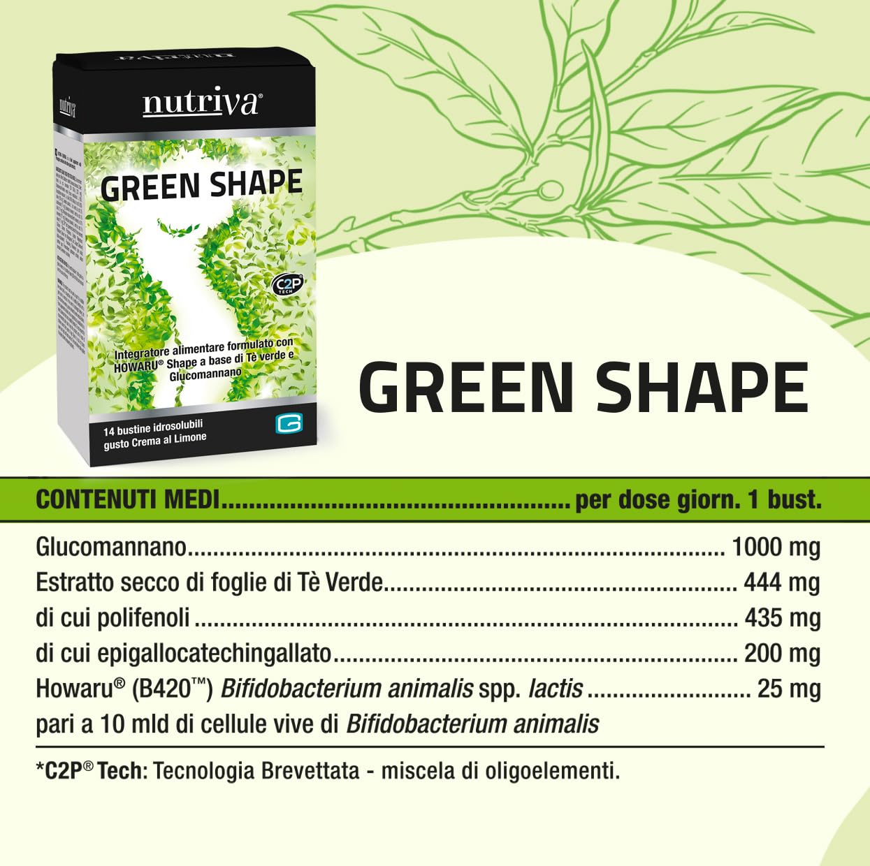 NUTRIVA Green Shape, Integratore Alimentare Controllo Peso, Circonferenza Vita, Drenante, Massa Grassa, HOWARU®, Clinicamente Testato, Tè Verde, Glucomannano, 14 Bustine, Gusto Crema al Limone