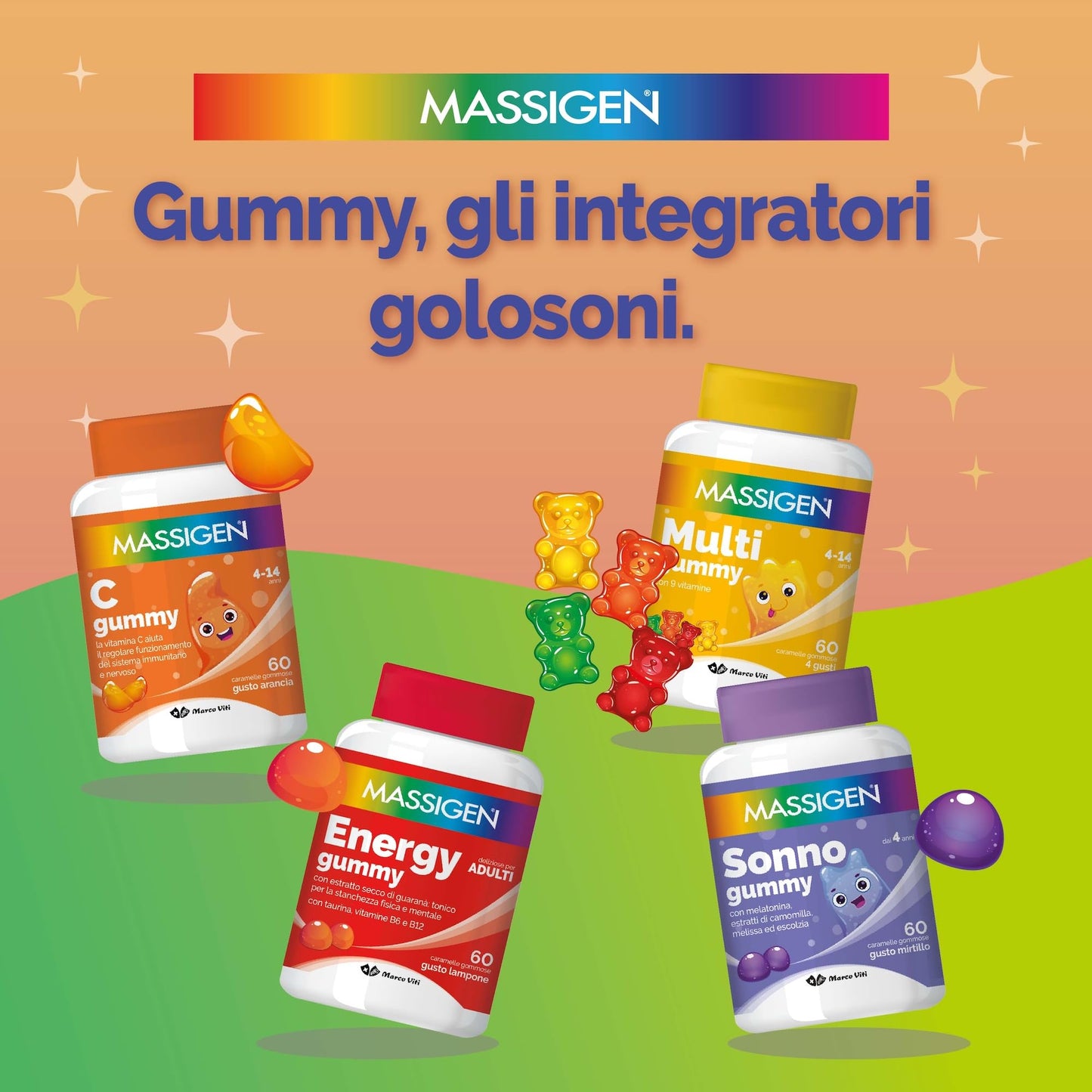 Massigen - D Gummy, 60 Caramelle da 3,3 g, Integratore Alimentare con Vitamina D, Vitamine Gommose per Bambini 4-14 Anni, Gusto Limone, Per Sistema Immunitario e Ossa Sane
