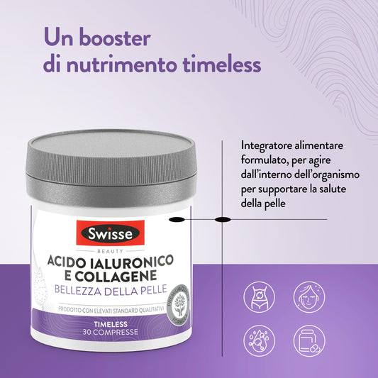 SWISSE Collagene e Acido Ialuronico - Collagene Integratore Donna Uomo con Vitamina C, E, Rame Protegge dallo Stress Ossidativo per Pelle Elastica, Integratori Attenua Rughe 30 Compresse Made in Italy