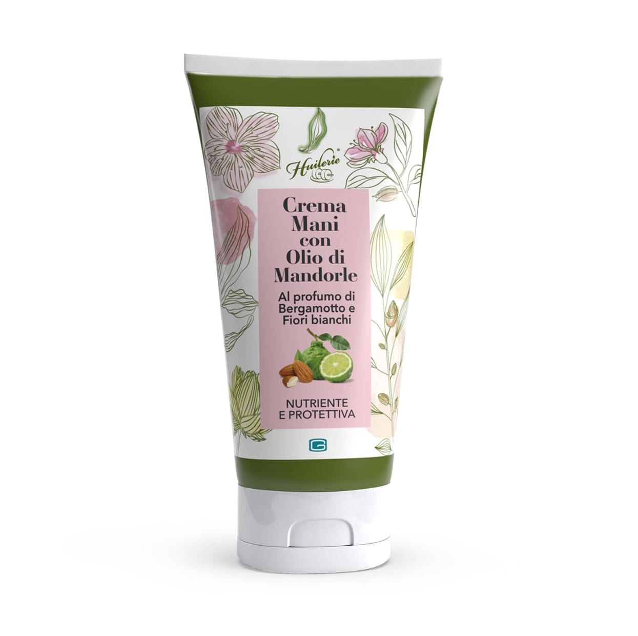Huilerie Crema mani, profumo di Bergamotto e Fiori bianchi, 50ml, nutre e protegge le mani, arricchito con olio di mandorle, 98% ingredienti naturali, perfetto per pelli secche e sensibili