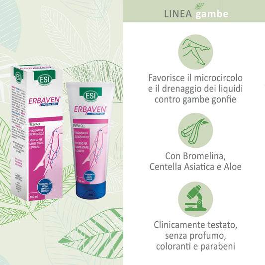 ESI - Erbaven Fresh Gel a Base di Bromelina, Centella Asiatica, Mirtillo e Aloe, Favorisce la Funzionalità del Microcircolo e il Drenaggio dei Liquidi Contro Gambe Gonfie, Clinicamente Testato, 100 ml