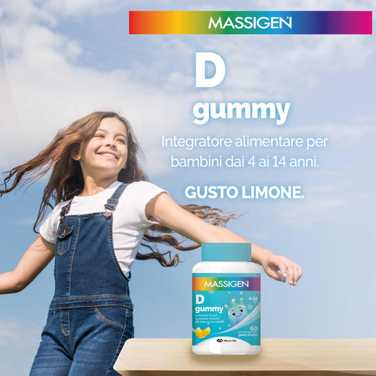 Massigen - D Gummy, 60 Caramelle da 3,3 g, Integratore Alimentare con Vitamina D, Vitamine Gommose per Bambini 4-14 Anni, Gusto Limone, Per Sistema Immunitario e Ossa Sane