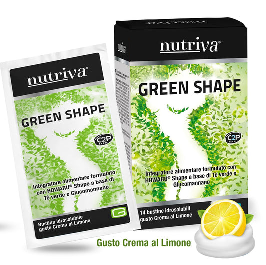 NUTRIVA Green Shape, Integratore Alimentare Controllo Peso, Circonferenza Vita, Drenante, Massa Grassa, HOWARU®, Clinicamente Testato, Tè Verde, Glucomannano, 14 Bustine, Gusto Crema al Limone