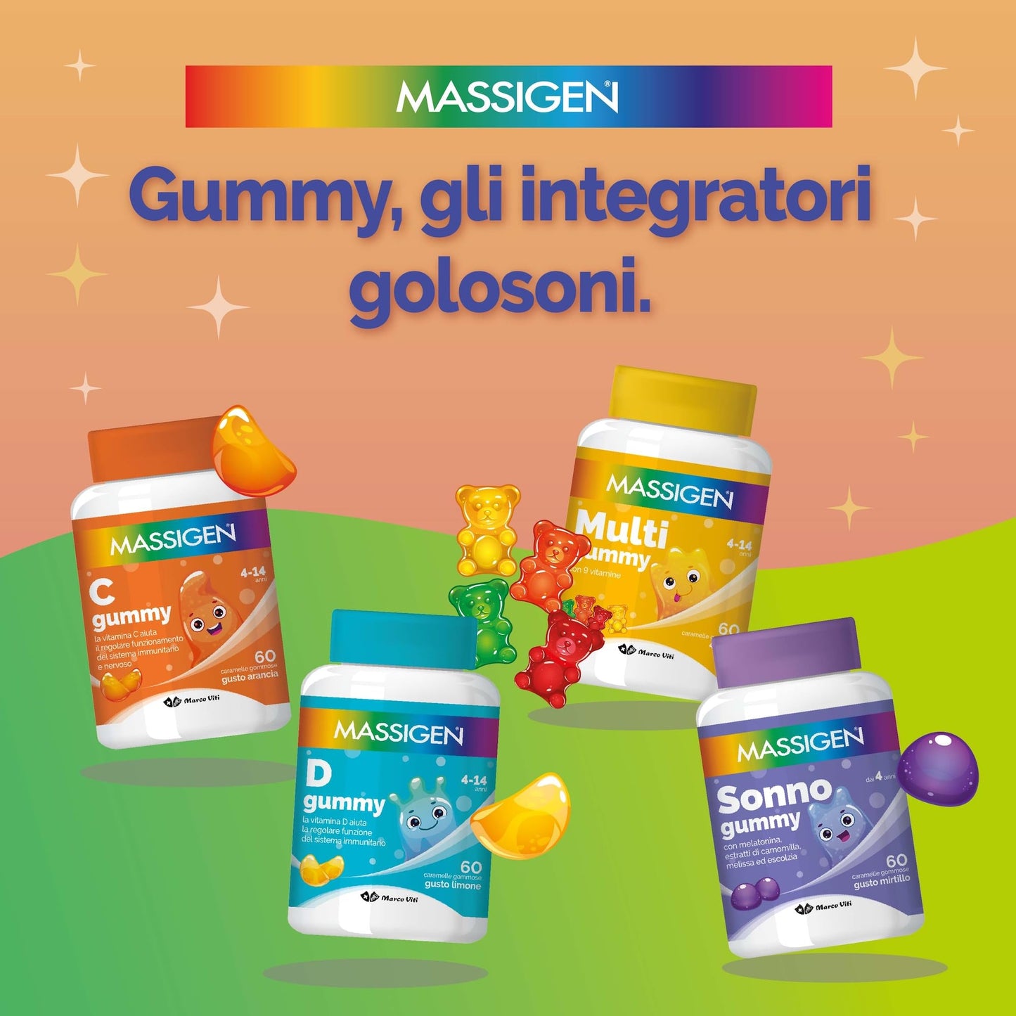 Massigen - Energy Gummy, Integratore Alimentare con Guaranà e Caffeina, Vitamine Gommose per Adulti, Gusto Lampone, 60 Caramelle, 192 g, Per Energia Fisica e Mentale
