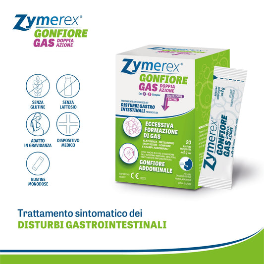 Zymerex Gonfiore Gas Doppia Azione con SE complex | 20 buste orosolubili | meteorismo | Flatulenza | Eruttazioni | Adatto in gravidanza | senza lattosio e glutine