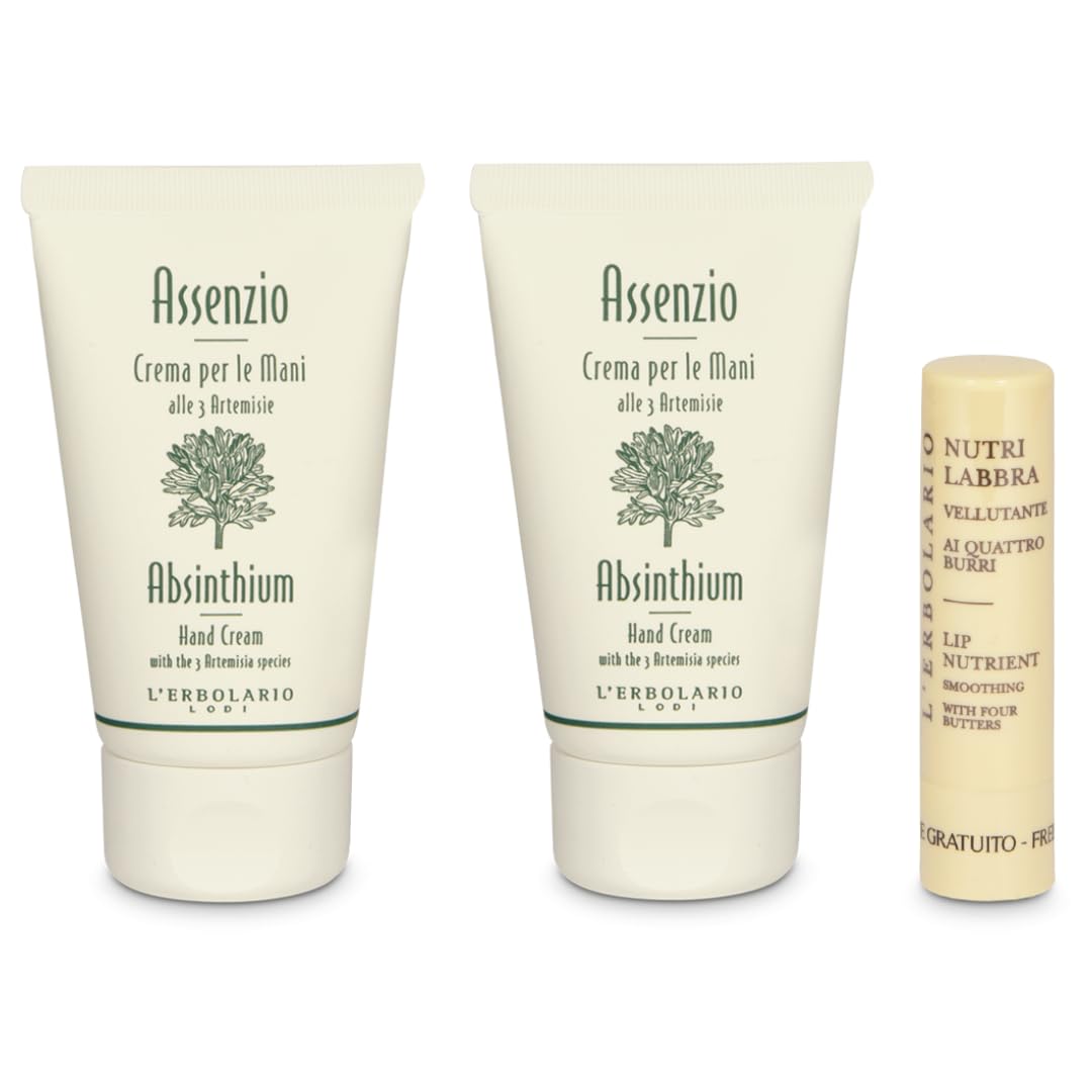 L'Erbolario - ASSENZIO Confezione Regalo Crema Mani - Pacchetto contenente 2 Creme Mani Vellutante da 40 ml l'uno + in Omaggio 1 NutriLabbra da 4,5 ml ai 4 Burri