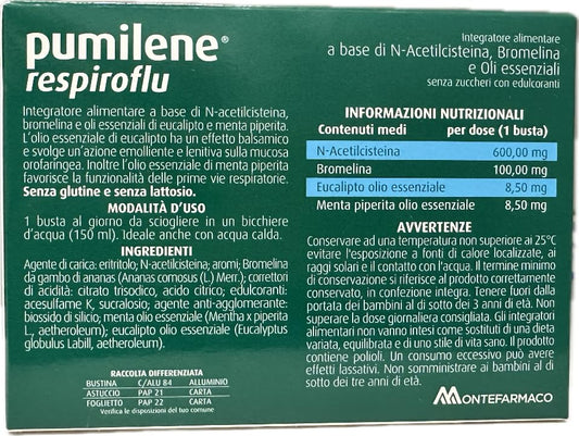 Pumilene Respiroflu 12 Bustine solubili con N-acetilcisteina, Bromelina, Oli essenziali, Gusto menta arancia, 36 g