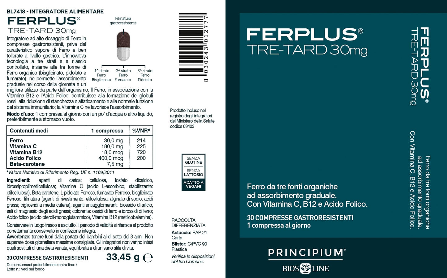 BIOS LINE Principium FerPlus Tre-Tard, Integratore Alimentare in Compresse Gastroresistenti a Rilascio Graduale, Alto Dosaggio di Ferro, 30 Cpr