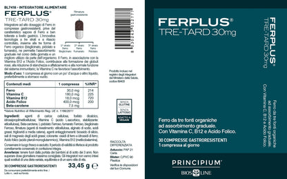 BIOS LINE Principium FerPlus Tre-Tard, Integratore Alimentare in Compresse Gastroresistenti a Rilascio Graduale, Alto Dosaggio di Ferro, 30 Cpr