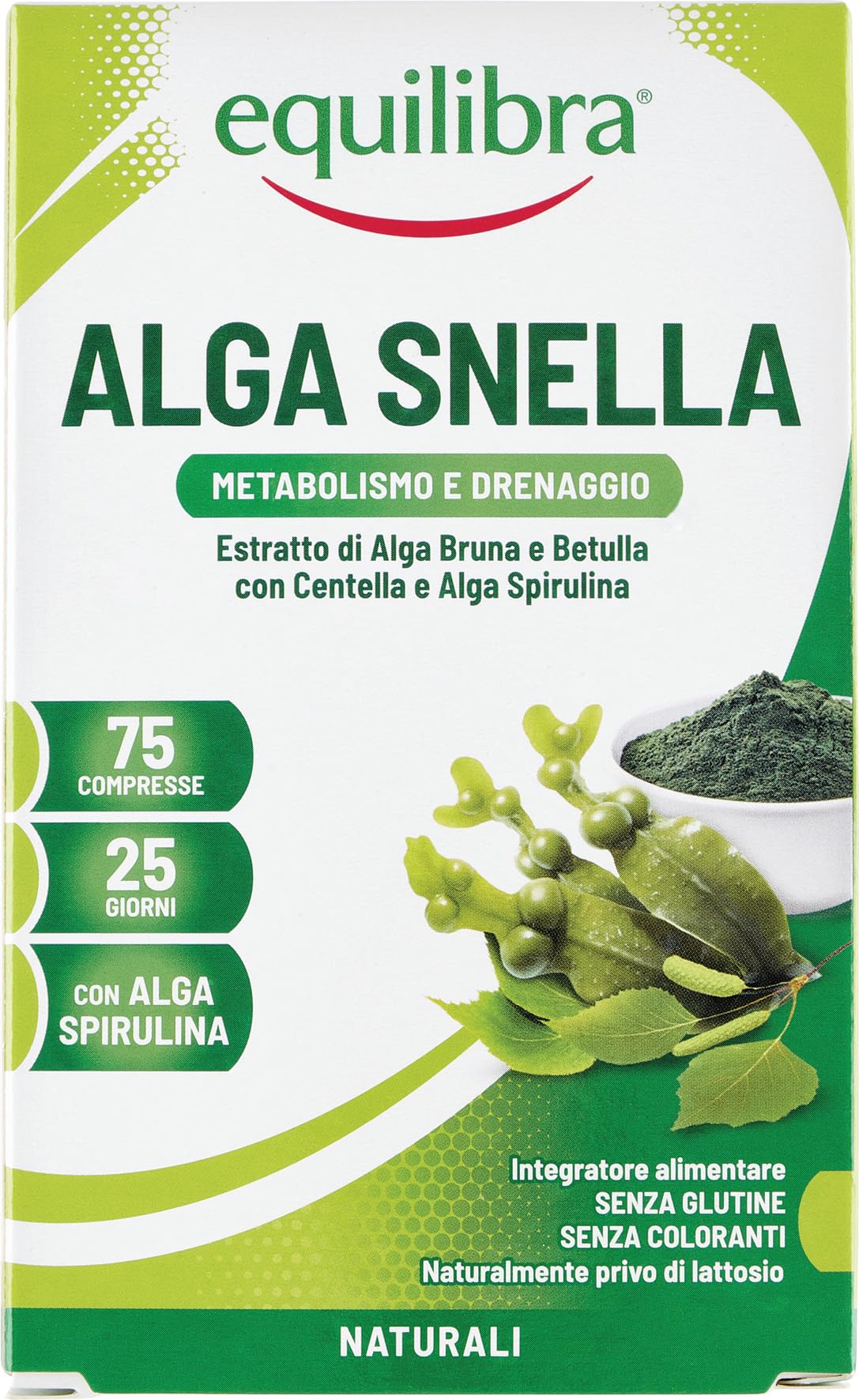 Equilibra Integratori Alimentari, Alga Snella, a Base di Estratto di Alga Bruna e Betulla con Centella a Alga Spirulina, Favorisce il Drenaggio dei Liquidi e il Metabolismo, 75 compresse