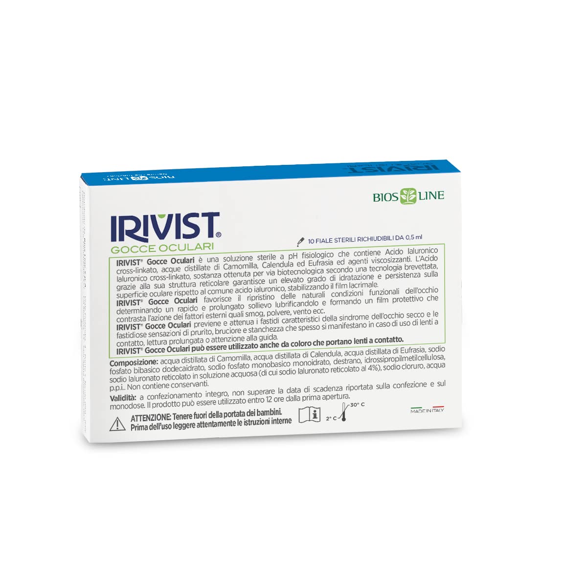 BIOS LINE Irivist® Gocce Oculari Monodose, Dispositivo Medico CE 0373 che Lubrifica, Idrata, Lenisce e Protegge, 10 Fiale Sterili Richiudibili da 0,5 ml