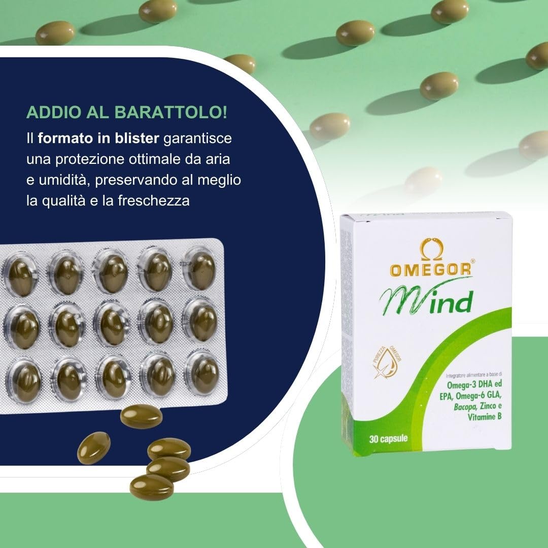 OMEGOR Mind | Integratore per la memoria e le funzioni congnitive | Con Omega 3 DHA ed estratto di Bacopa Monnieri, olio di borragine, zinco e vitamine B | Distillazione molecolare
