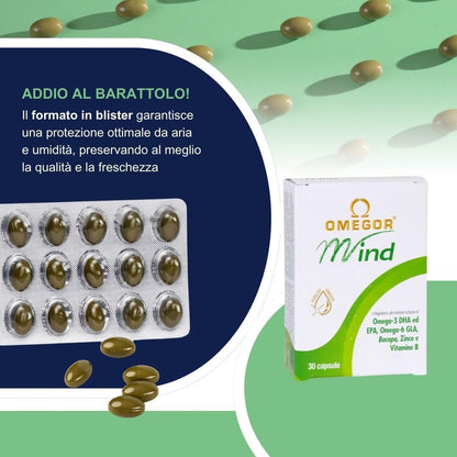 OMEGOR Mind | Integratore per la memoria e le funzioni congnitive | Con Omega 3 DHA ed estratto di Bacopa Monnieri, olio di borragine, zinco e vitamine B | Distillazione molecolare
