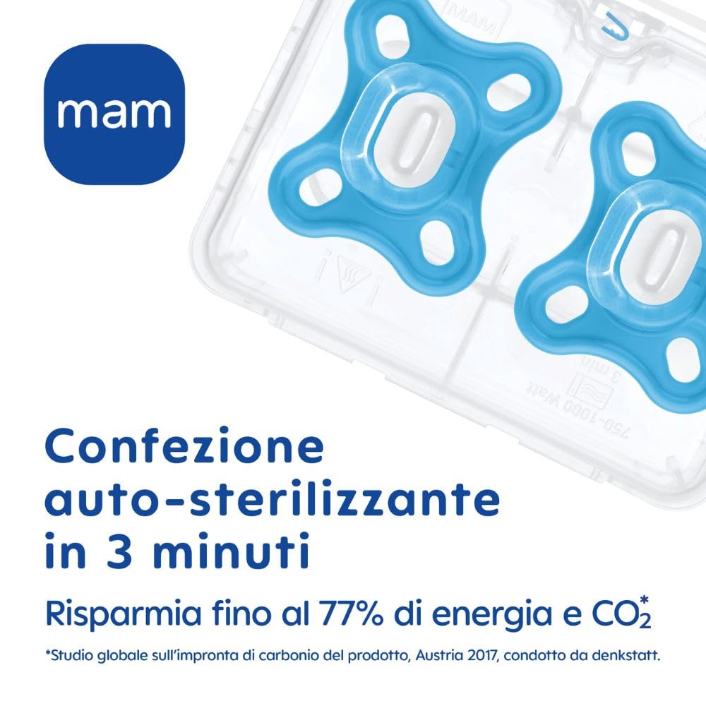 MAM Comfort Succhietto Ciuccio MAM 0-3 mesi in 100% silicone con design unico, Kit da 2 accessori neonato morbidi e leggeri con porta ciuccio