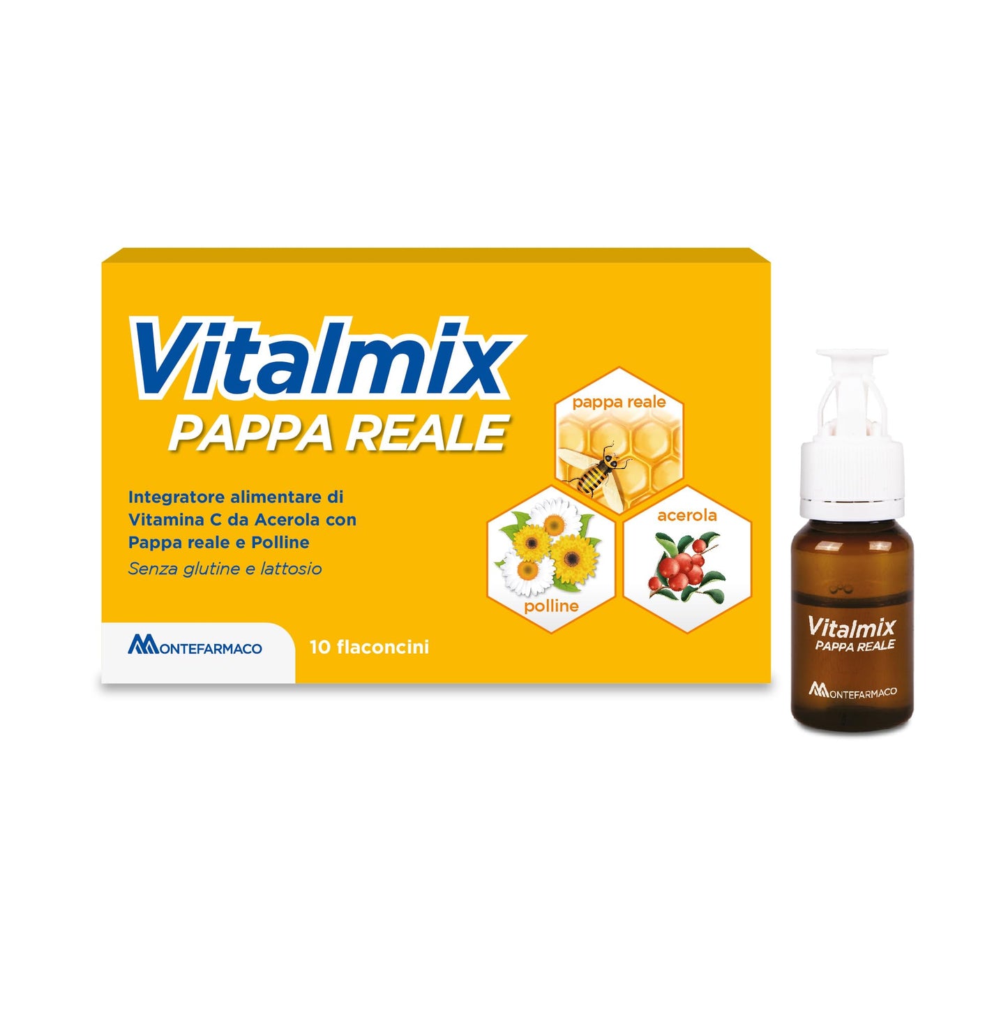 VITALMIX MONTEFARMACO Pappa Reale, Integratore Alimentare Tonico Energizzante e Rivitalizzante - Stanchezza Fisica e Sistema Immunitario - 10 Flaconcini, Senza Lattosio e Senza Glutine (Gusto Miele)