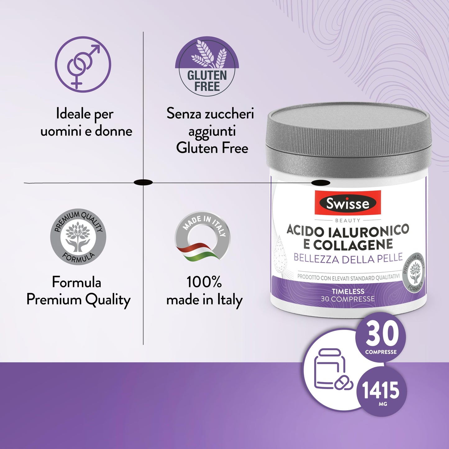 SWISSE Collagene e Acido Ialuronico - Collagene Integratore Donna Uomo con Vitamina C, E, Rame Protegge dallo Stress Ossidativo per Pelle Elastica, Integratori Attenua Rughe 30 Compresse Made in Italy