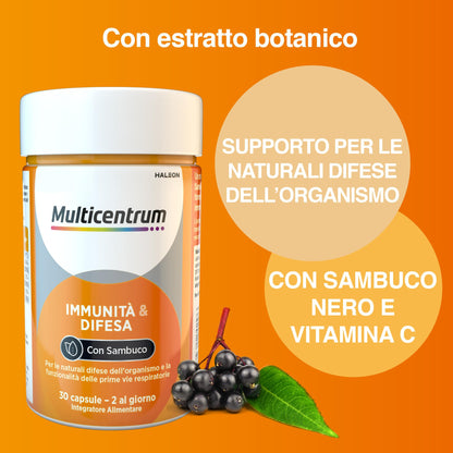 Multicentrum Immunità&Difesa Integratore Alimentare con Vitamina C, Sambuco Nero e Zinco per un Supporto alle Naturali Difese Immunitarie dell'Organismo, per Adulti, 30 Capsule