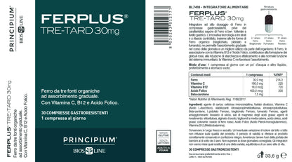 BIOS LINE Principium FerPlus Tre-Tard, Integratore Alimentare in Compresse Gastroresistenti a Rilascio Graduale, Alto Dosaggio di Ferro, 30 Cpr