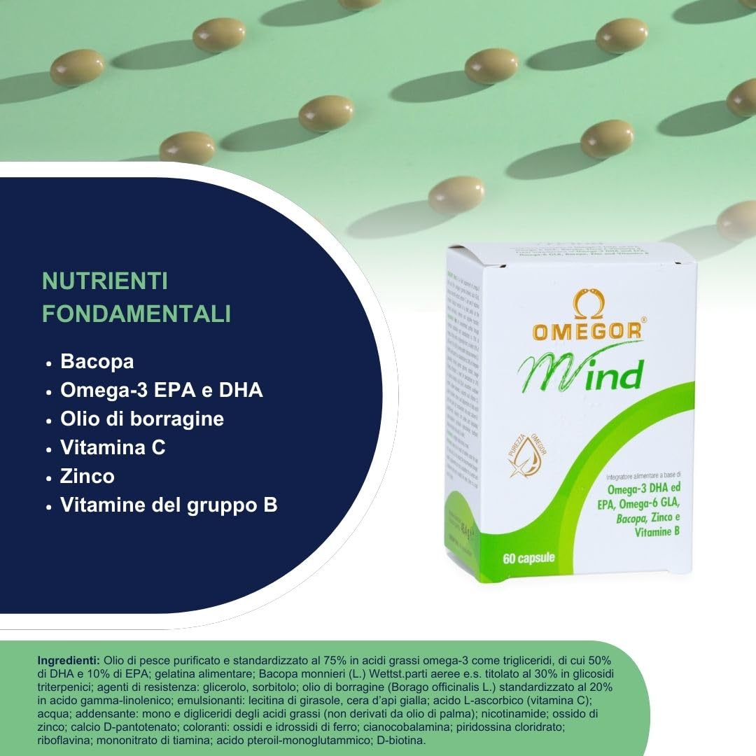 OMEGOR Mind | Integratore per la memoria e le funzioni congnitive | Con Omega 3 DHA ed estratto di Bacopa Monnieri, olio di borragine, zinco e vitamine B | Distillazione molecolare