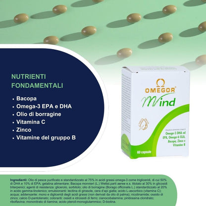 OMEGOR Mind | Integratore per la memoria e le funzioni congnitive | Con Omega 3 DHA ed estratto di Bacopa Monnieri, olio di borragine, zinco e vitamine B | Distillazione molecolare