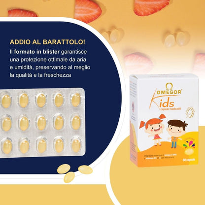 Omega 3 Bambini OMEGOR Kids 3+ Anni (60 Capsule Masticabili alla Frutta) - Ideale per Cervello, Vista, Ossa e Difese Immunitarie per Bambini con Vitamine D3 ed E - Ricco di EPA e DHA