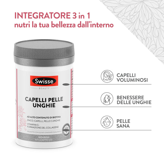 SWISSE Capelli Pelle Unghie - Integratori per Capelli, Pelle e Unghie con Vitamina C Biotina Cardo Mariano, 60 Compresse - Zinco Integratore Capelli, Formazione Collagene e Unghie Sane - Made in Italy