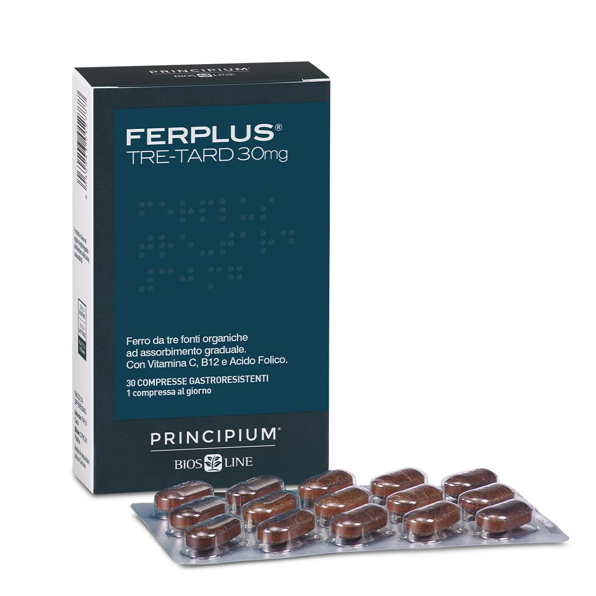 BIOS LINE Principium FerPlus Tre-Tard, Integratore Alimentare in Compresse Gastroresistenti a Rilascio Graduale, Alto Dosaggio di Ferro, 30 Cpr