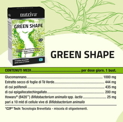 NUTRIVA Green Shape, Integratore Alimentare Controllo Peso, Circonferenza Vita, Drenante, Massa Grassa, HOWARU®, Clinicamente Testato, Tè Verde, Glucomannano, 14 Bustine, Gusto Crema al Limone