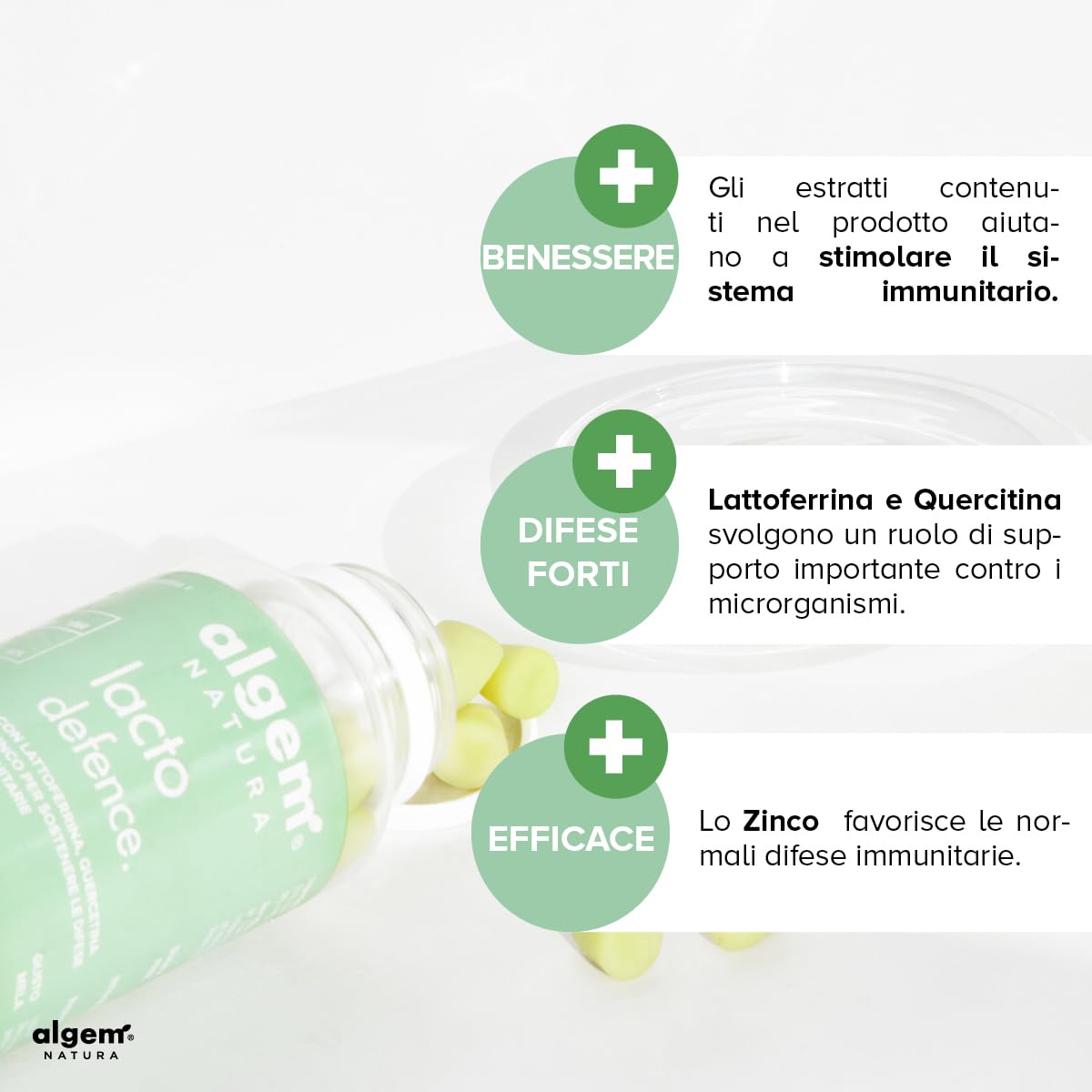 Lattoferrina 200 mg/Dose con Quercetina, FOS e Zinco Gommose Algem Natura® LACTO DEFENCE Integratore Difese Immunitarie Bambini, Sistema Immunitario Adulti, Antiossidante Naturale, Immuno
