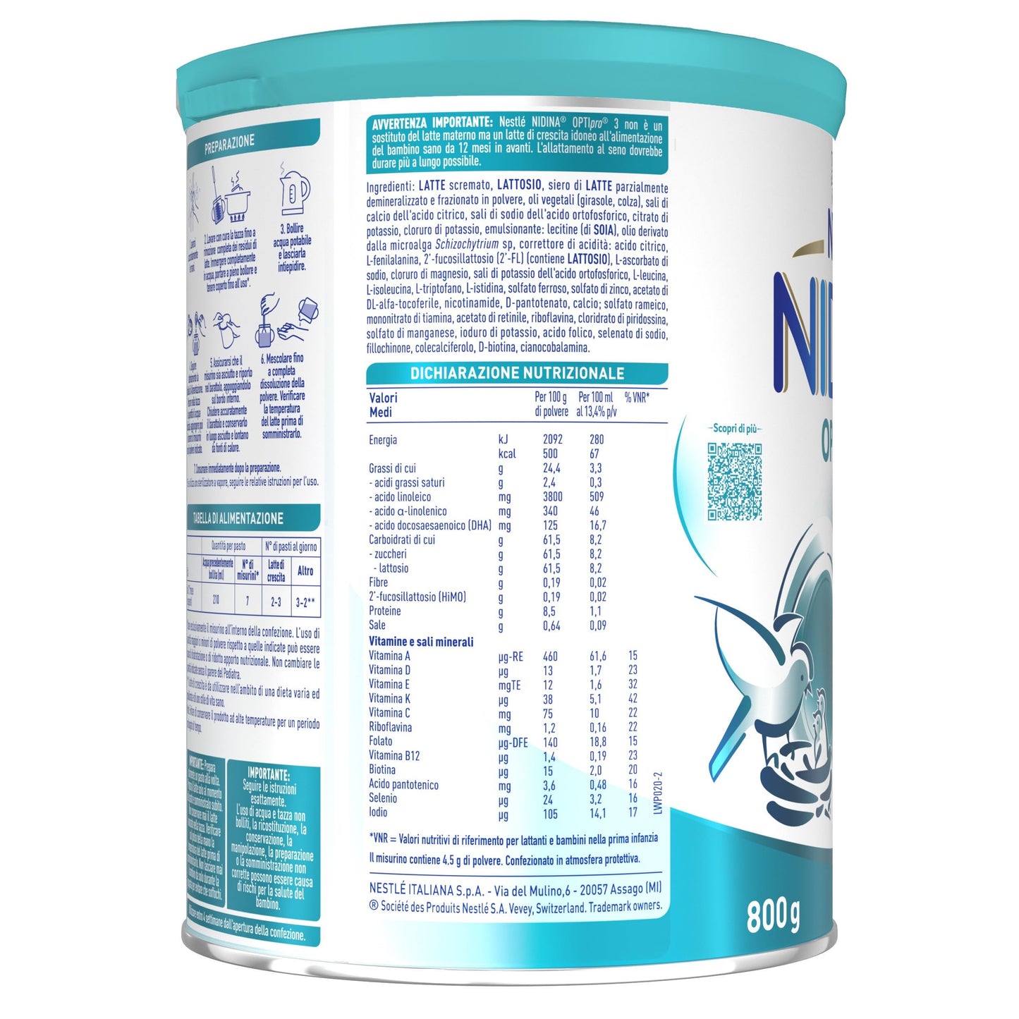 NESTLÉ NIDINA Optipro 3 Latte di Crescita Polvere per Bambini da 1 anno, Latta 800g