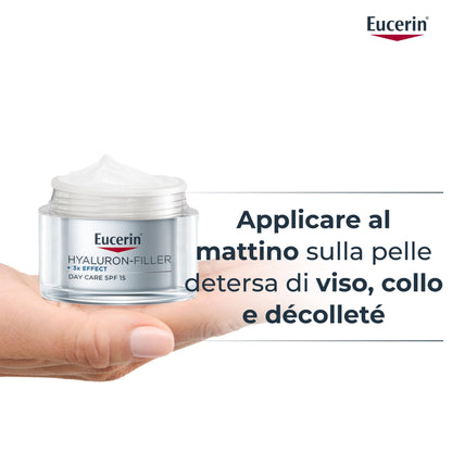 Eucerin Hyaluron-Filler Crema Giorno SPF 15 Pelli Secche 50 ml, Crema viso antirughe e idratante, Formula con SPF 15 e Acido Ialuronico per una pelle ringiovanita, Adatta per pelle secca