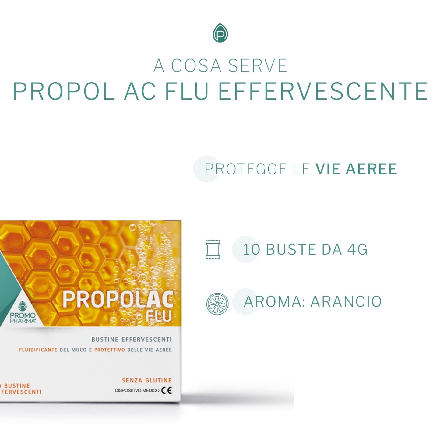 PropolAC Flu Effervescente - Integratore Alimentare, Dispositivo medico - Con NAC ed estratto di propoli - protegge le vie aeree - 10 buste da 4 g