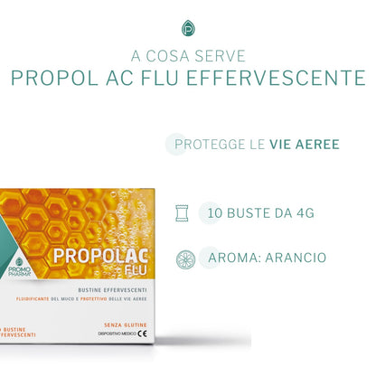 PropolAC Flu Effervescente - Integratore Alimentare, Dispositivo medico - Con NAC ed estratto di propoli - protegge le vie aeree - 10 buste da 4 g