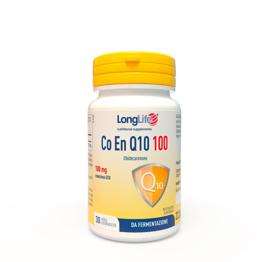 LongLife® CO EN Q10 100mg | Coenzima Q10, ubidecarenone puro | Antiossidante e proenergetico | Da fermentazione | 30 perle fotoprotette | Senza glutine