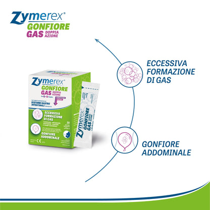 Zymerex Gonfiore Gas Doppia Azione con SE complex | 20 buste orosolubili | meteorismo | Flatulenza | Eruttazioni | Adatto in gravidanza | senza lattosio e glutine