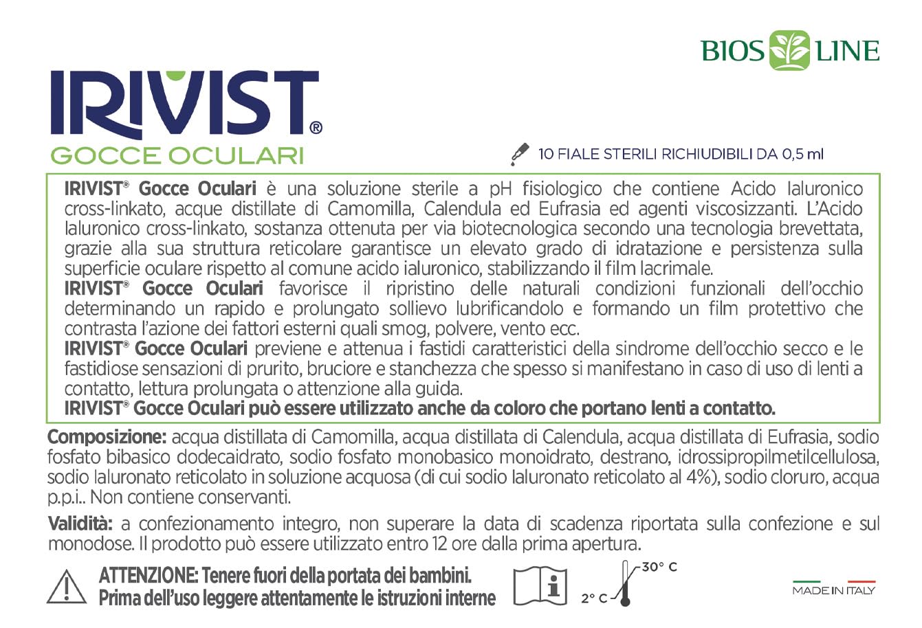 BIOS LINE Irivist® Gocce Oculari Monodose, Dispositivo Medico CE 0373 che Lubrifica, Idrata, Lenisce e Protegge, 10 Fiale Sterili Richiudibili da 0,5 ml