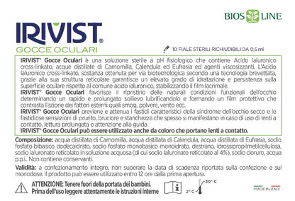 BIOS LINE Irivist® Gocce Oculari Monodose, Dispositivo Medico CE 0373 che Lubrifica, Idrata, Lenisce e Protegge, 10 Fiale Sterili Richiudibili da 0,5 ml