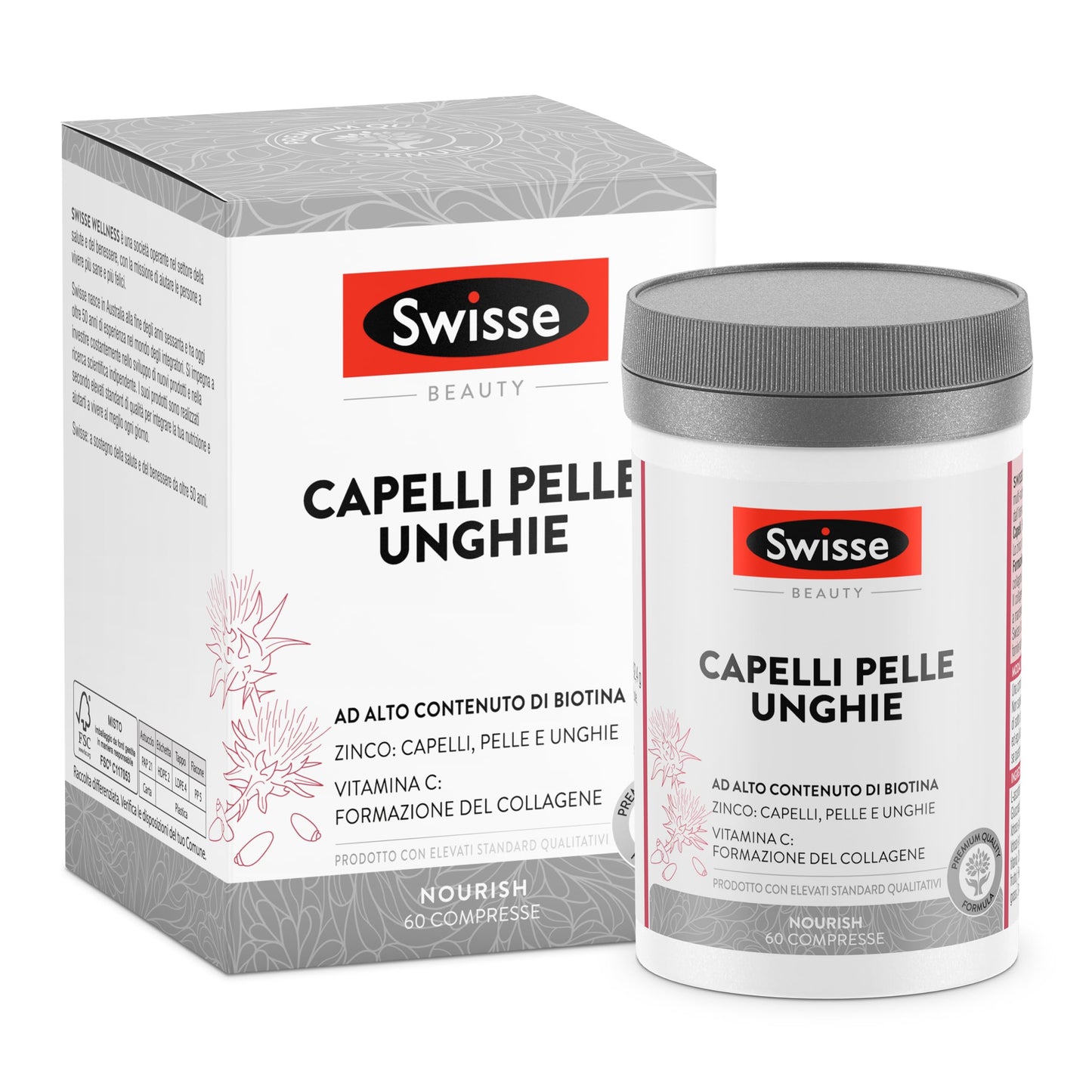 SWISSE Capelli Pelle Unghie - Integratori per Capelli, Pelle e Unghie con Vitamina C Biotina Cardo Mariano, 60 Compresse - Zinco Integratore Capelli, Formazione Collagene e Unghie Sane - Made in Italy