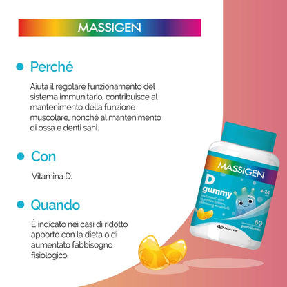 Massigen - D Gummy, 60 Caramelle da 3,3 g, Integratore Alimentare con Vitamina D, Vitamine Gommose per Bambini 4-14 Anni, Gusto Limone, Per Sistema Immunitario e Ossa Sane