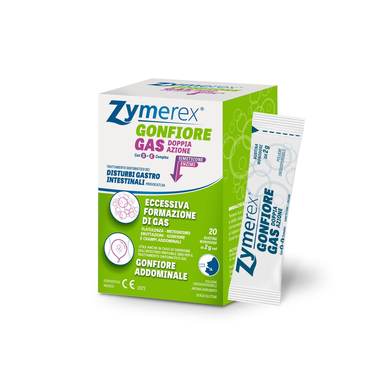 Zymerex Gonfiore Gas Doppia Azione con SE complex | 20 buste orosolubili | meteorismo | Flatulenza | Eruttazioni | Adatto in gravidanza | senza lattosio e glutine
