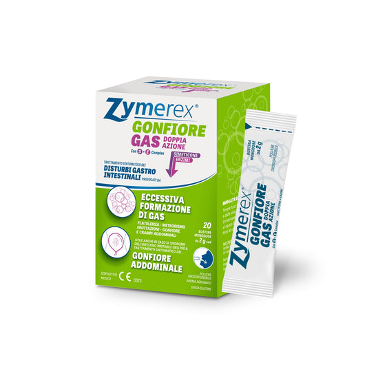 Zymerex Gonfiore Gas Doppia Azione con SE complex | 20 buste orosolubili | meteorismo | Flatulenza | Eruttazioni | Adatto in gravidanza | senza lattosio e glutine