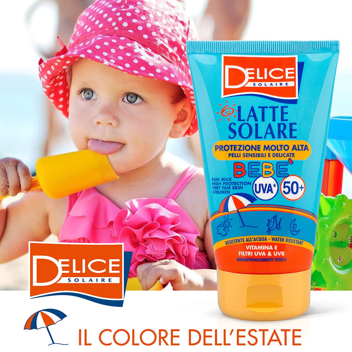 Delice Solaire Latte Solare Bebè , Protezione Solare Molto Alta SPF50+ , Resistente all'Acqua, Per Pelli Molto Chiare , Sensibili e Delicate, Filtra UVA/UVB, Dermatologicamente Testata - 100 ML
