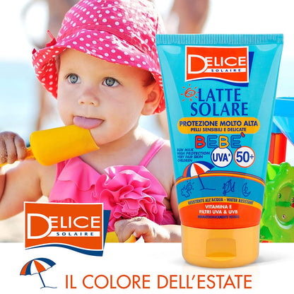 Delice Solaire Latte Solare Bebè , Protezione Solare Molto Alta SPF50+ , Resistente all'Acqua, Per Pelli Molto Chiare , Sensibili e Delicate, Filtra UVA/UVB, Dermatologicamente Testata - 100 ML