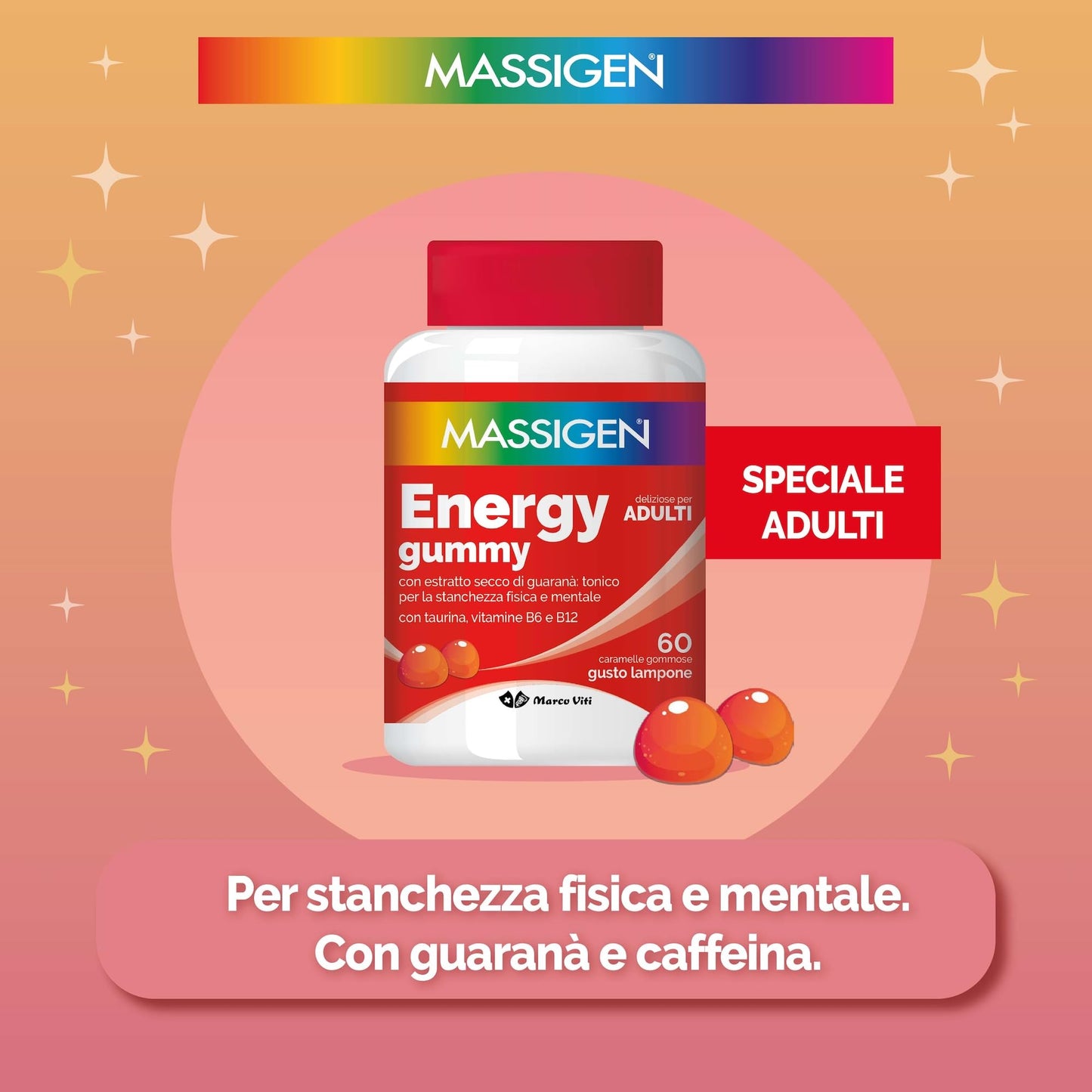 Massigen - Energy Gummy, Integratore Alimentare con Guaranà e Caffeina, Vitamine Gommose per Adulti, Gusto Lampone, 60 Caramelle, 192 g, Per Energia Fisica e Mentale