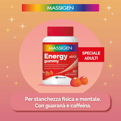 Massigen - Energy Gummy, Integratore Alimentare con Guaranà e Caffeina, Vitamine Gommose per Adulti, Gusto Lampone, 60 Caramelle, 192 g, Per Energia Fisica e Mentale