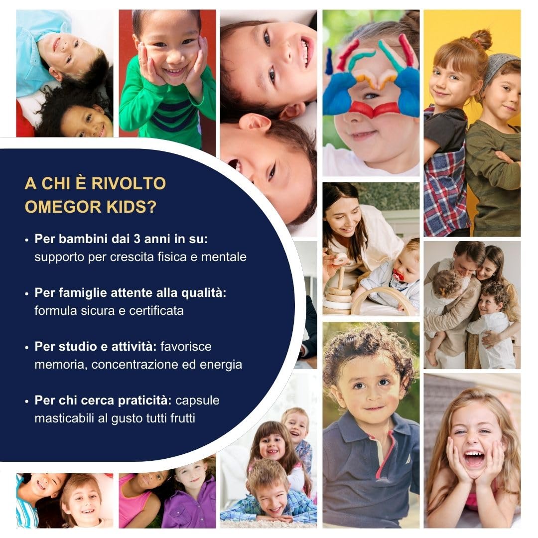 Omega 3 Bambini OMEGOR Kids 3+ Anni (60 Capsule Masticabili alla Frutta) - Ideale per Cervello, Vista, Ossa e Difese Immunitarie per Bambini con Vitamine D3 ed E - Ricco di EPA e DHA