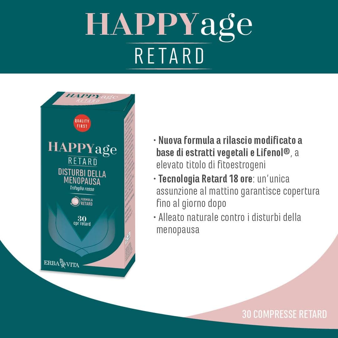 ERBA VITA Happy Age Retard integratore alimentare a base di estratti vegetali e vitamina D3, è un supporto naturale per il corpo durante il passaggio alla menopausa - Formato 30 Compresse